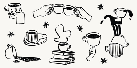 Fototapeta na wymiar Quirky cafe doodles featuring coffee cups, latte and espresso. Hand-sketched breakfast beverage icons in retro style perfect for menu design projects. Grunge textured Vector Illustration