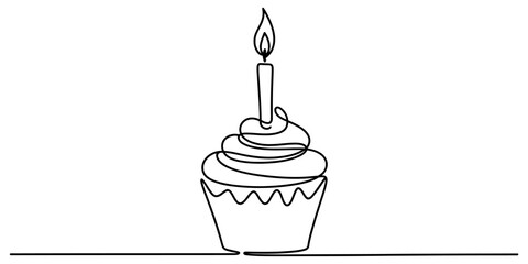 Continuous single line drawing of a birthday cupcake with a burning candle on top Vector, illustration © KDP Publisher