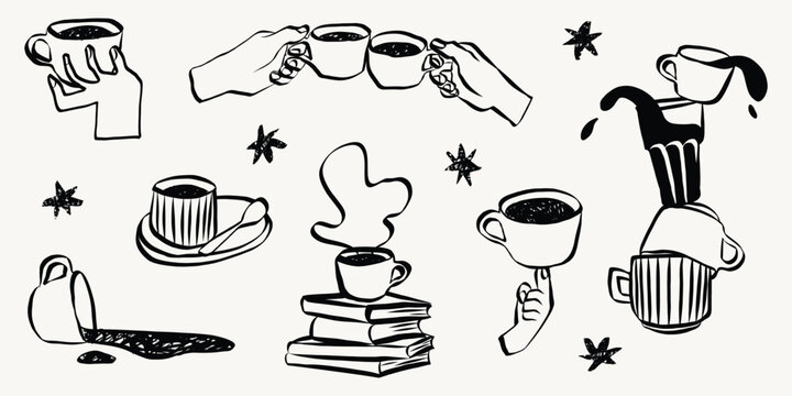 Quirky cafe doodles featuring coffee cups, latte and espresso. Hand-sketched breakfast beverage icons in retro style perfect for menu design projects. Grunge textured Vector Illustration