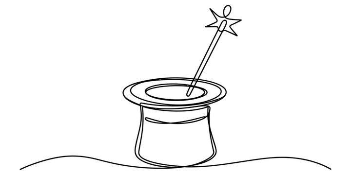 Continuous single line drawing of a magic hat and a magic wand for a magician show concept isolated on a white background Vector, illustration