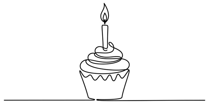 Continuous single line drawing of a birthday cupcake with a burning candle on top Vector, illustration
