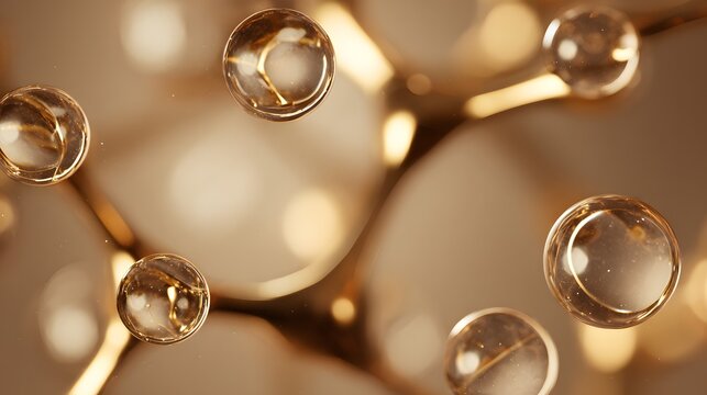 Molecular structure, golden. golden air bubbles floating in water. abstract background. Abstract background with bokeh effect