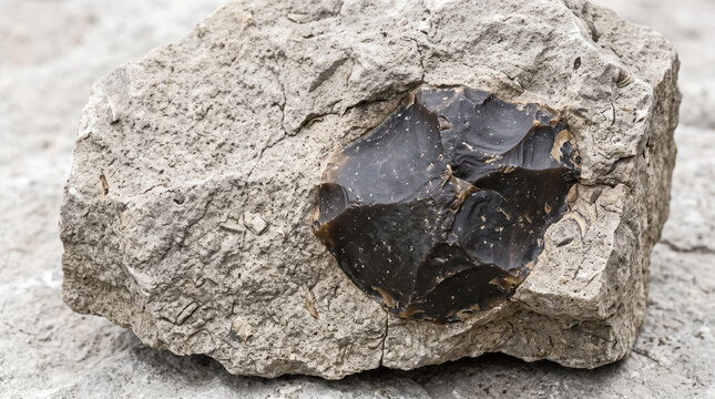 Chert nodule embedded in limestone rock displaying unique textures and colors. Chert nodule contrasts with surrounding limestone, showcasing nature's geological artistry.