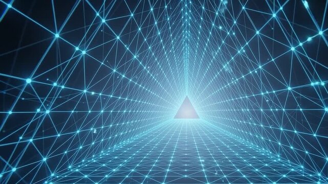 Futuristic triangular digital tunnel with network nodes