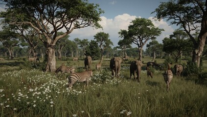 Obraz premium Wild Animals Gather in a Grassy Area With Trees and Flowers Under a Clear Sky in the Afternoon