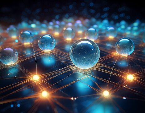 grid of glowing glass spheres representing network connectivity with connected abstract technology communication