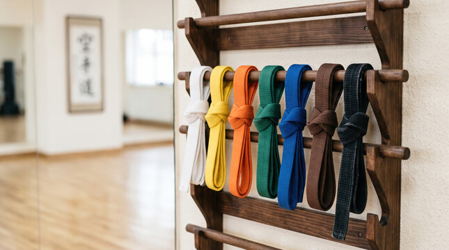 Karate dojo belt rack with colorful belts displayed on wooden holder in training studio. Martial arts training environment features belts in various colors, symbolizing skill levels and dedication.