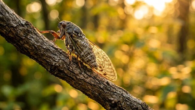 cicada on a tree branch in appalachian forest usa golden light close up video