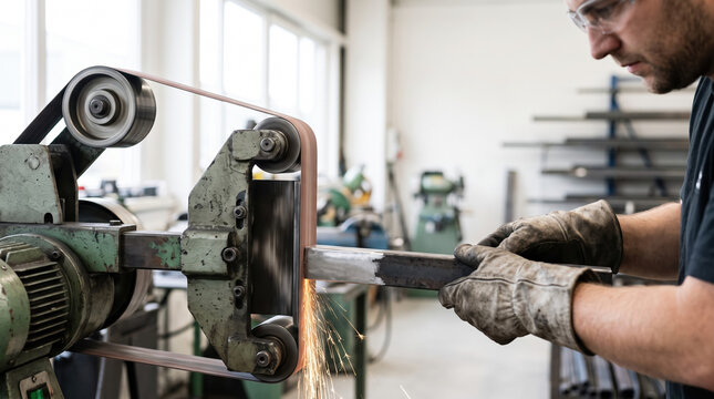 Metalworking process with craftsman using grinding machine for shaping metal. Metalworking involves precision and skill while operating machinery for effective shaping of materials.