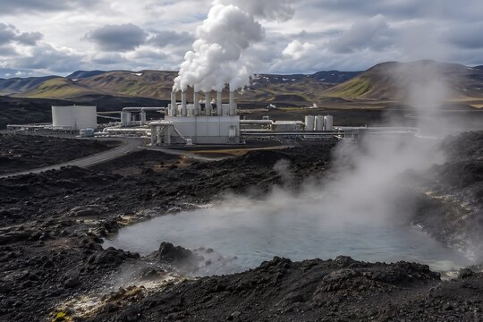 A geothermal power plant surrounded by volcanic terrain, steam rising naturally from underground vents, advanced clean energy technology
