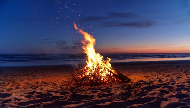 a serene beach bonfire at dusk with vibrant flames