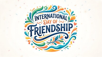 Obraz premium International Day of Friendship Decorative Typography Design, Colorful Handwritten Lettering with Floral Swirls for Festive Greeting and Social Media
