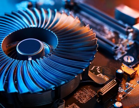 macro view of computer cooling fan blades and central hub with computer parts hardware components
