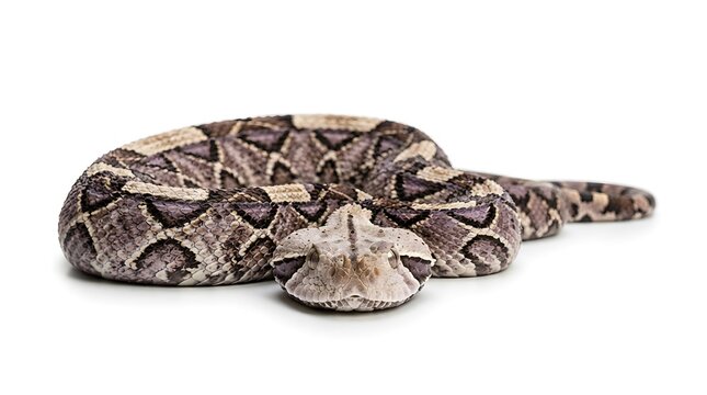 Venomous gaboon viper snake coiled on white background, dangerous wild reptile predator concept