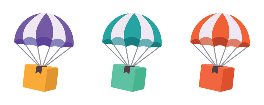 Parachute delivery set. Collection of colorful parcels with parachutes for express air shipping and fast logistics concept. Flat vector illustration isolated on white background.