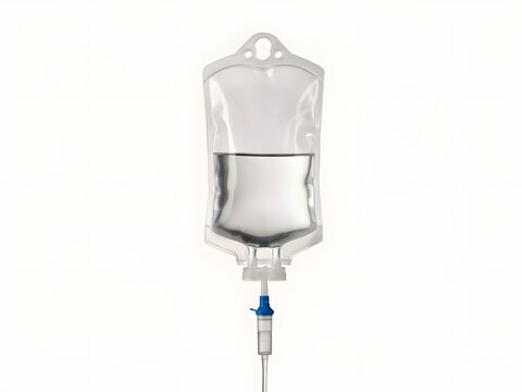 IV fluid bag with drip set for medical infusion and hydration therapy, isolated on white background