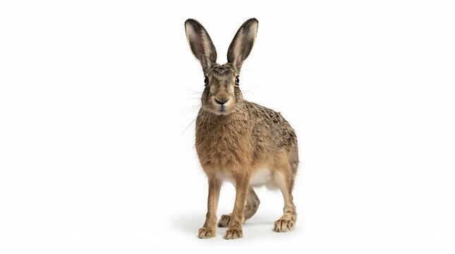 European hare standing and looking forward isolated on white background