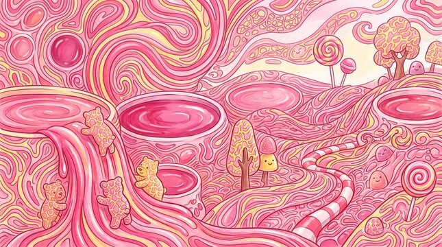 Abstract whimsical candy landscape with swirling pink sugary textures, melting syrup pools, and cute gummy bear characters