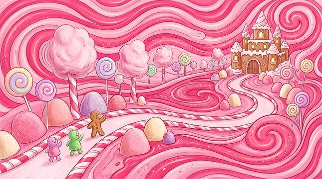 Whimsical candy land landscape with a gingerbread castle, colorful lollipops, and cute gummy characters on a swirling pink sugary road