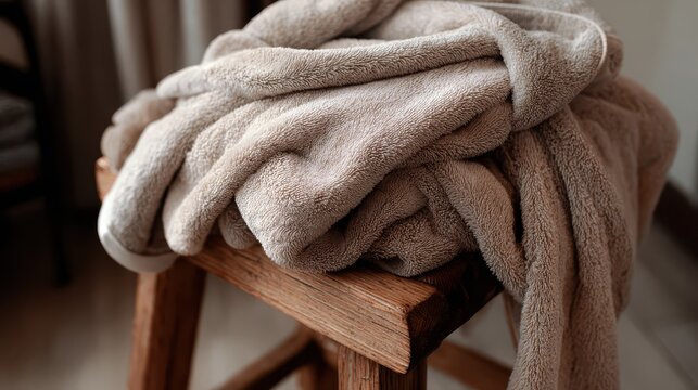 Soft beige terry cloth bathrobe draped on a wooden stool with gentle window light creating a cozy atmosphere