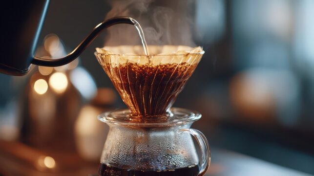Pouring hot water over coffee grounds in a glass pour-over brewer during morning preparation with soft bokeh background