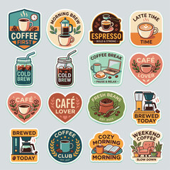 Naklejka premium A collection of diverse coffee-themed stickers, featuring various coffee drinks, brewing methods, and slogans, perfect for decorating or expressing a love for coffee