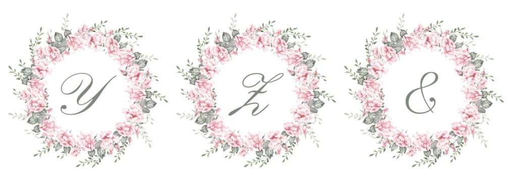 Watercolor floral alphabet set featuring the letters Y, Z and an elegant ampersand surrounded by pink rose wreaths and delicate greenery. Romantic botanical monograms for wedding invitations, branding