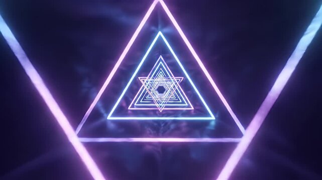 A surreal tunnel of neon triangles in shades of pink and blue.