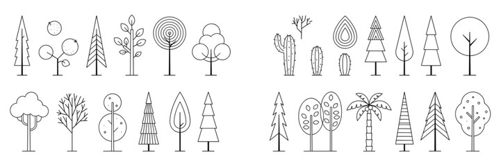 Collection of black and white line tree featuring various species including pine, deciduous, palm, and cactus silhouettes on a white background © MadhobiRani
