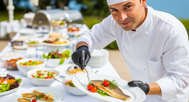 Professional chef in white uniform serves garnished fish at an outdoor buffet catering setup