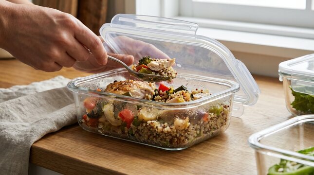 Putting a plastic lid on a glass container filled with chicken and quinoa meal prep