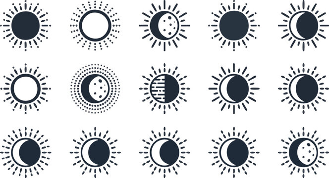 Eclipsed Sun and Moon Phases Vector Icons Set for Celestial and Astrological Design Projects