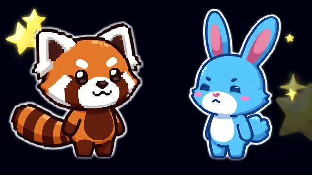 Cute pixel art red panda and blue bunny characters with stars