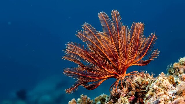 feather star underwater close up in great barrier reef morning light video