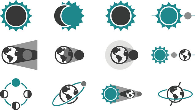 Eclipse Diagram Set for Solar and Lunar Phases Educational Icon Collection Vector Illustration