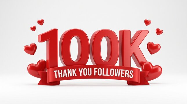 Joyful milestone celebration with a 100k followers sign adorned with red hearts and a banner for social media gratitude