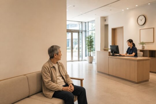 Senior Waiting in Community Service Lobby While Caregiver Schedules Visit