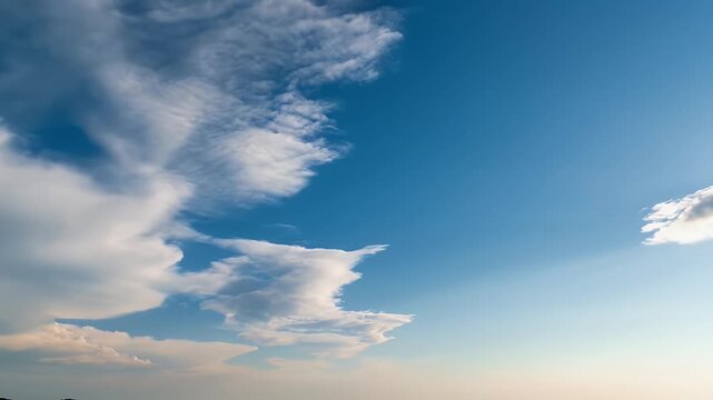 Bright blue sky filled with fluffy white clouds.