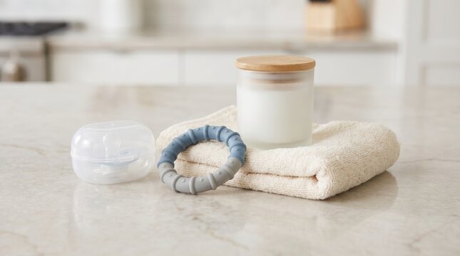 Silicone baby teether ring pacifier case and soft towel with a glass jar on a light kitchen counter