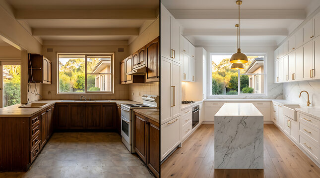 Modern kitchen transformation showcasing before and after renovation with bright lighting and stylish cabinetry
