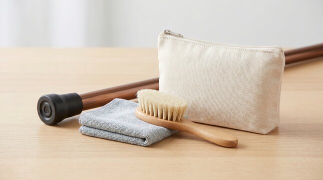 Small wooden cleaning brush gray microfiber cloth and canvas zipper pouch on a table