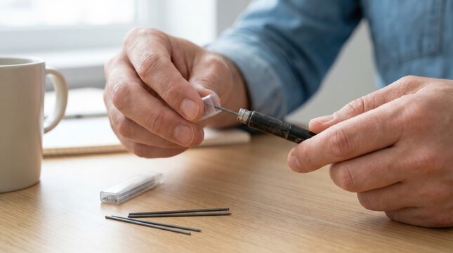 Person carefully inserting thin graphite lead refills into a black mechanical drafting pencil at a desk