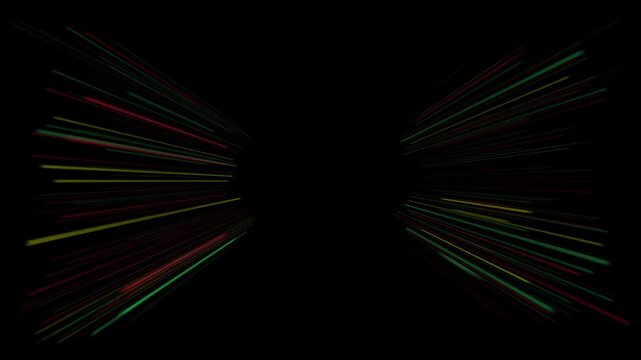 Abstract red yellow green light streaks converging toward center on black background. Dynamic speed lines motion effect. Black history month animation background