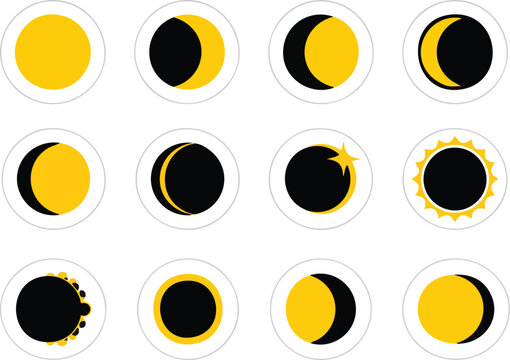 Eclipsed Sun Icon Set Showing the Progression Phases of a Solar Eclipse from Start to Totality