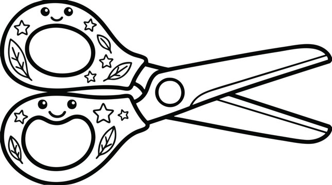 Cute cartoon scissors with smiling face and floral decorations black and white outline