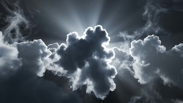 Dramatic sky with sunbeams breaking through stormy clouds.