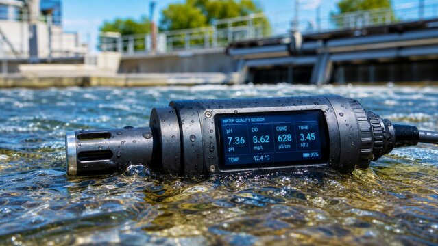 A water quality sensor floats in a body of water, displaying readings for pH, conductivity, and temperature, capturing essential data for environmental monitoring.