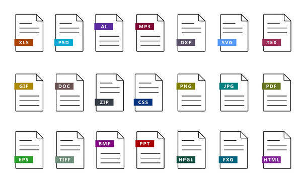 file format icons collection with document extension vector set