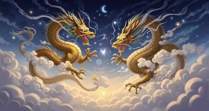 Mystical dragons amidst clouds and stars a dance of Eastern fantasy
