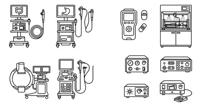 Endoscopy medical equipment icons set, gastroenterology diagnostic tools and surgical machines, hospital endoscopy system vector illustrations